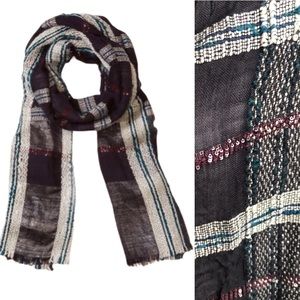 Ann Taylor LOFT Scarf Plaid Navy White Metallic
